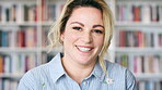 Smile, professor and face of woman in library for about us, course lecturer and knowledge. Education, academy researcher and bookshelf with person on campus for pride, teacher and university advisor
