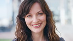Smile, professional and face of businesswoman in city with confidence for finance career with growth. Happy, professional and portrait of female financial manager with pride for about us in town.