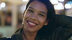 Smile, night and face of businesswoman in city with confidence for creative career with growth. About us, professional and portrait of female fashion designer with pride for job opportunity in town.