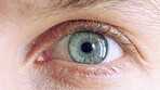 Blink, vision and face with sight and eye for retina health, optometry and lens prescription test. Ophthalmology, iris and perception with closeup of of person for cornea, focus and ocular screening