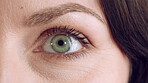 Eyelash, mascara and blink with eye of woman for makeup, cosmetics and self care closeup. Cosmetology, microblading and lash extensions with person for vision, beauty aesthetic and salon treatment
