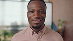 Man, face and happy with career at startup, pride and excited with confidence at design company. Person, editor and smile in portrait with coworking, laughing or job at office at creative agency