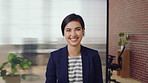 Happy woman, face and lawyer at office with confidence, pride and career at legal advisory company. Person, attorney or agent with space, portrait and consultant in workplace at corporate law firm