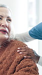 Comfort, nurse and senior woman in house with empathy, conversation or medical support. Happy, talking and caregiver with elderly female person in retirement for healthcare checkup in nursing home.