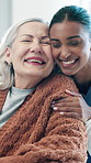 Hug, nurse and senior woman in house with comfort, conversation or medical support. Happy, empathy and caregiver embracing elderly female person in retirement for healthcare checkup in nursing home.