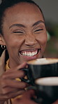 Date, laugh and woman in coffee shop for conversation, funny story and bonding in cafeteria. Restaurant, happy and couple cheers with drink, beverage and talking for relationship, love and connection