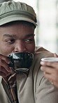 Date, laugh and man in coffee shop for conversation, funny story and listening in cafeteria. Restaurant, happy and couple with drink, beverage and talking for relationship, bonding and connection
