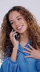 Happy, phone call and woman in studio with communication, connection or contact with gossip. Relief, cellphone and person on mobile conversation for catch up, chat or good news by white background.