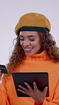 Credit card, tablet and woman in studio with online shopping, ecommerce and order on website. Debit, digital technology and female person with purchase on app for promotion by white background.