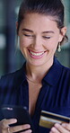 Credit card, happy or woman in office with phone, online payment or sales promo in eft transaction. Easy shopping, optimism or employee with dance, digital checkout and discount on cashless purchase.