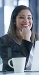Business, face or woman in agency with laptop, career growth or positive attitude in property management. Happy, coffee or realtor with window, about us or confidence in real estate investment.