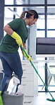 Cleaning, smile or woman with dancing in office, janitorial service or music for hygiene maintenance. Glass, mopping or cleaner with supplies for sanitation of workplace, disinfection or housekeeping