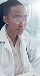 Doctor, woman and glasses in office with tech, reflection and check appointment schedule for clinic. Black person, spectacles and thinking with medical research, online calendar or healthcare website