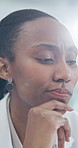 Black woman, thinking and doctor in hospital with insight, problem solving and inspiration on break. Person, contemplation and healthcare professional with reflection, decision and choice at clinic
