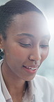 Black woman, thinking and doctor with smile at hospital with insight, daydream and inspiration on break. Person, perspective and healthcare professional with reflection, decision and choice at clinic