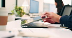 Closing, hands and laptop with business man at desk in workplace for complete task or typing. Computer, done and schedule with employee person in coworking office for end of assignment or job