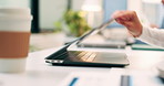 Closing, hands and laptop with business person at desk in workplace for complete task or typing. Computer, done and schedule with employee man in coworking office for end of assignment or job