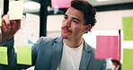 Businessman, glass wall and sticky note with tablet in office, writing and review at finance agency. Person, broker and planning with tech, application or problem solving at asset management company