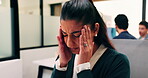 Headache, tired or woman in office with stress, brain fog or audit mistake on budget report. Burnout, coworking or finance advisor with tech, migraine pressure or bookkeeping error in cost review.