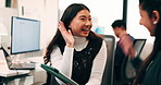 Women, tablet and high five with success at office, celebration or support for goal at finance company. Happy people, excited and talk with tech, app or team with achievement at investment agency
