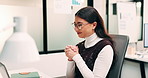 Happy, woman and typing in office with laptop, sales performance or success for income data analysis. Asian person, celebration and glasses in business with computer, graphs or stats for profit goals