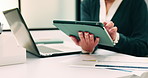 Woman, hands and scroll in office with tablet, sales performance report and data analysis for income. Coworking, person and research in business with tech, review graphs and statistics for revenue.