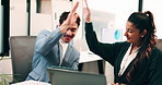 Business, tablet and team high five to celebrate success in office for good news, feedback or bonus. Happy woman, man and share information on tech for achievement, collaboration or work celebration