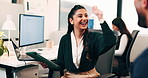 Business, tablet and team high five for success in office for good news, feedback or bonus. Happy woman, talking or share information with smile by tech for achievement, coworking or work celebration