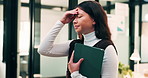Headache, tired or woman in office with tablet, brain fog or audit mistake on budget report. Burnout, fatigue or financial analyst with tech, migraine pressure or bookkeeping error in cost review.
