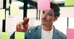 Businessman, review and sticky note with writing in office, glass wall and strategy at finance agency. Person, broker and planning with thinking, decision and solution at asset management company