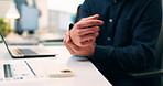 Hands, phone and wrist pain with business man at desk in workplace for symptoms of arthritis. App, carpal tunnel and typing with employee person in coworking office for cramp, injury or muscle spasm