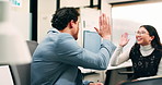 Businessman, woman and high five with laptop at office, fist pump and team at finance company. Happy people, excited and success with celebration, motivation or achievement at investment agency