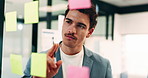 Businessman, thinking or schedule planning with sticky note in office for project tasks or agenda. Thoughtful, man or employee brainstorming with glass board for ideas, business strategy or reminder