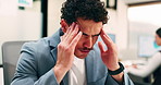 Headache, tired or man in office with pressure, brain fog or audit mistake on budget report. Burnout, coworking or finance analyst with laptop, migraine fatigue or bookkeeping error in cost review.