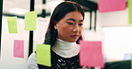 Woman, tablet and schedule planning with sticky note in office on glass board for tasks or agenda. Female person, employee or creative brainstorming with technology, ideas or reminder for project