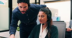 Laptop, coach and agent with help in call center for customer service or virtual assistance. People, mentor or man training woman in contact agency on computer for consulting, tasks or CRM advice