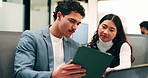 People, talk and software developer in office with tablet, planning or advice for web design project. Digital designer, team and research in agency with tech, proposal or opinion for site development