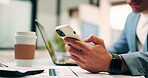 Hands, laptop and phone with business man at desk in workplace for report or update. App, computer and text message with employee person in office for mobile communication, planning or research