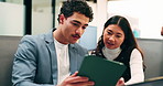 Team, talk and software developer in office with tablet, planning or advice for web design project. Digital designer, people and research in agency with tech, proposal or opinion for site development