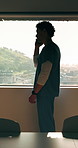 Hospital, nurse or man with phone call by window, discussion or medical update for care instructions. Mobile, explain symptoms or person with contact for medicine orders, patient condition or advice