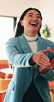 Tablet, meeting and businesswoman with handshake in office, thank you and gratitude for promotion. Shaking hands, happy or staff with congratulations for opportunity, tech or appreciation for support