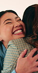 Excited, friends and business people with hug in agency, celebration and support for goal achievement. Success, coworkers and happy women with embrace for congratulations, promotion and good news