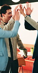 Motivation, high five and business people with applause in office, professional mission and team success. Collaboration, support or group with clapping, fist bump and celebrate at corporate workplace