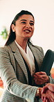 Discussion, meeting or businesswoman with handshake in office, laughing or gratitude for partnership. Shake hands, happy or staff with collaboration for deal, thankful or appreciation for opportunity