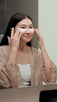 Mirror, beauty and Asian woman with eye mask for dark circles, collagen and facial treatment. Bathroom, reflection and person with pads, cosmetics and wellness for hydration, anti aging and skincare 