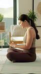 Fitness, phone and typing with woman in home for health app, yoga pose search and social media. Wellness tracking, online pilates guide and connection with person in living room of apartment for blog