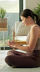 Fitness, phone and scroll with woman in home for health app, yoga pose search and social media. Wellness tracking, online pilates guide and connection with person in living room of apartment for blog