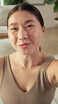 Yoga, face and woman live streaming in home for fitness update, share exercise tips or social media. Yogi influencer, asian person and content creation for wellness vlog, post and talk to followers