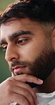Mental health, man and thinking in home with mistake, bad memory and tension with worry or regret. Living room, lonely and person with depression for decision, pensive and reflection with anxiety