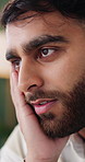 Mental health, man and thinking in home with regret, bad memory and sigh with worry for mistake. Living room, lonely and person with depression for decision, pensive and reflection with anxiety